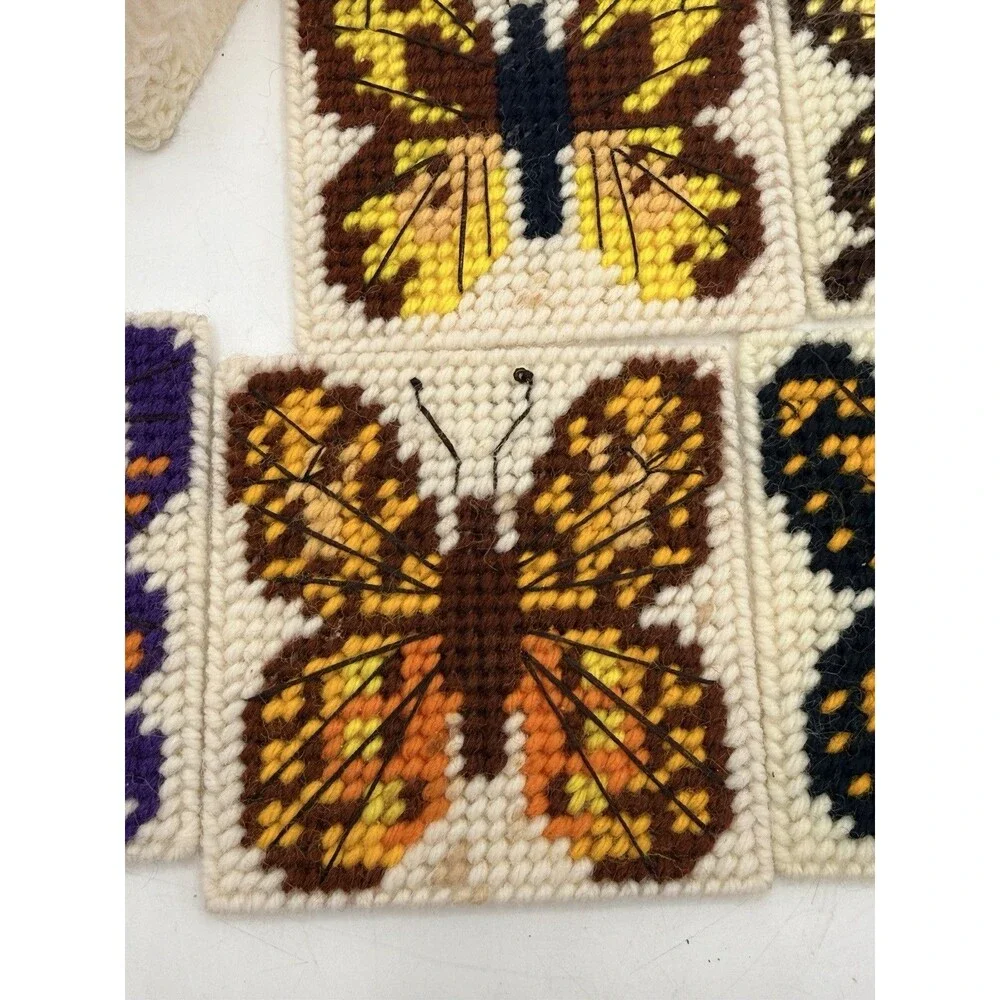 VTG 5 Butterfly Monarch + Handmade Plastic Canvas Coaster Sets w/ Basket Holder